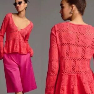 ANTHROPOLOGIE Pilcro Pointelle ButtonUp Babydoll Sweater Coral Size Small Eyelet